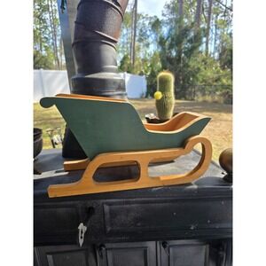 VTG‎ Wooden Sleigh Planter Box Green Handcrafted Folk Art Christmas Decor 17in